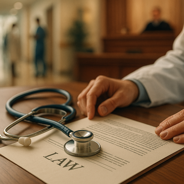 청진기와 법률 문서가 나란히 놓인 테이블. 배경에는 병원 복도와 법정이 교차되며, 의료와 법률 사이의 긴장감을 상징적으로 표현한 이미지.