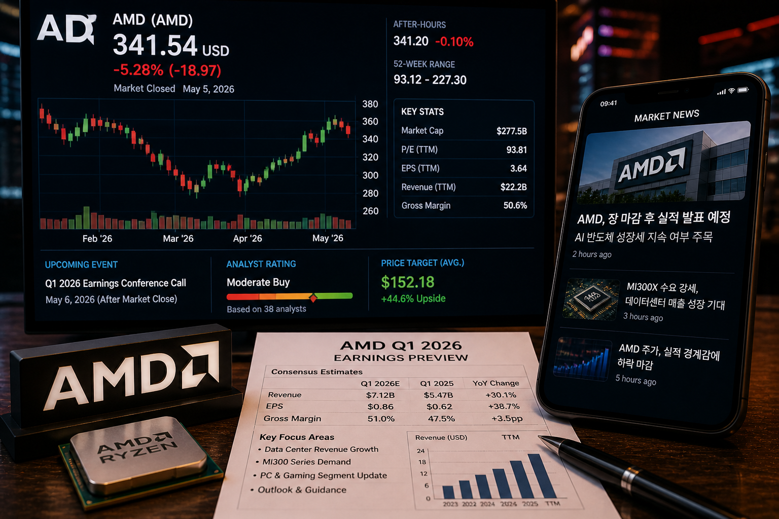 AMD 주가 5.28% 하락, 실적 발표 앞두고 AI 반도체 기대가 시험대에 올랐다
