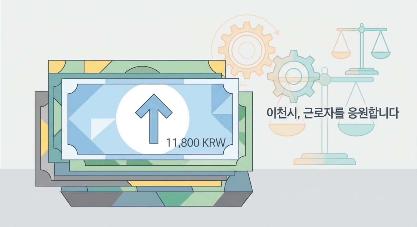 이천시 2026년 생활임금 시급 11,800원 인상을 상징하는 한국 원화 지폐와 상승 화살표, 안정적인 경제 지원을 나타내는 그림
