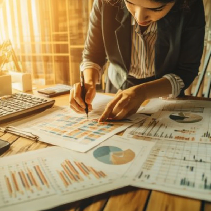 투자가가 월배당 ETF 전략을 연구하며 차트와 통계를 분석하는 장면. 조용한 분위기 속에서 자연광이 부드럽게 비추며 집중적인 계획이 이루어지는 느낌을 준다.