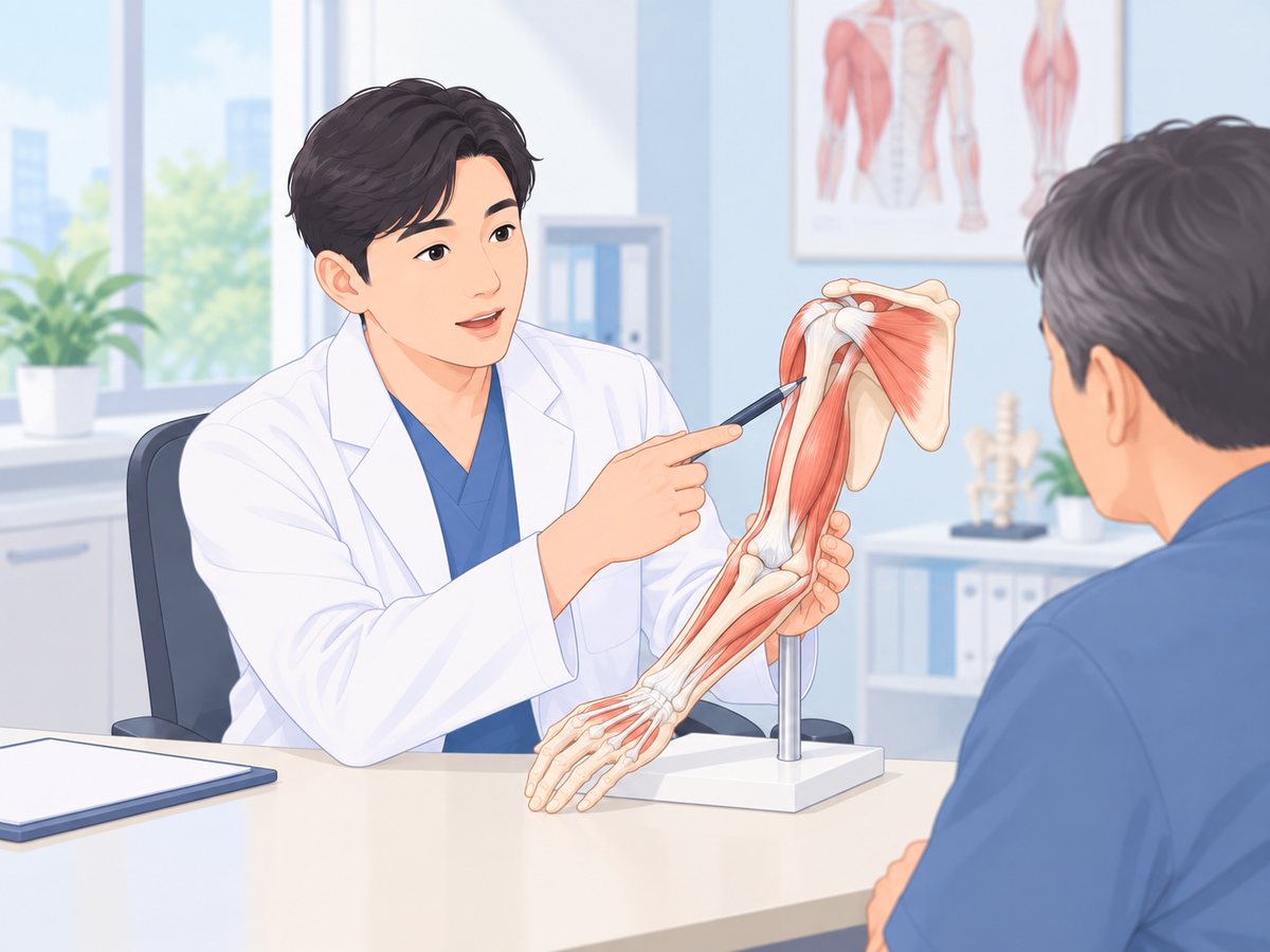 의사가 어깨&middot;팔 근육 모형을 펜으로 가리키며 남성 환자에게 설명하는 장면