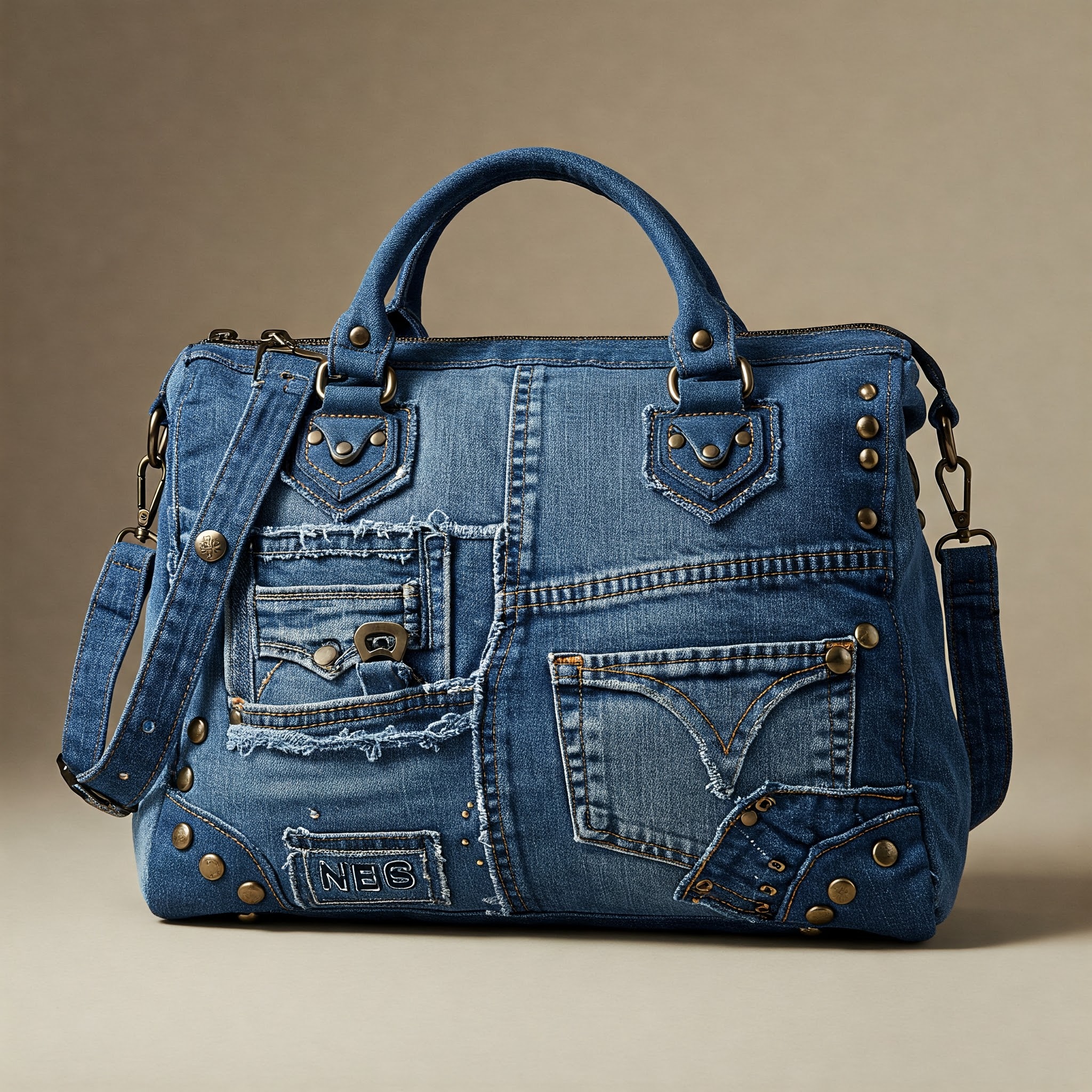 청바지를 재활용하여 만든 가방이 놓여 있다.