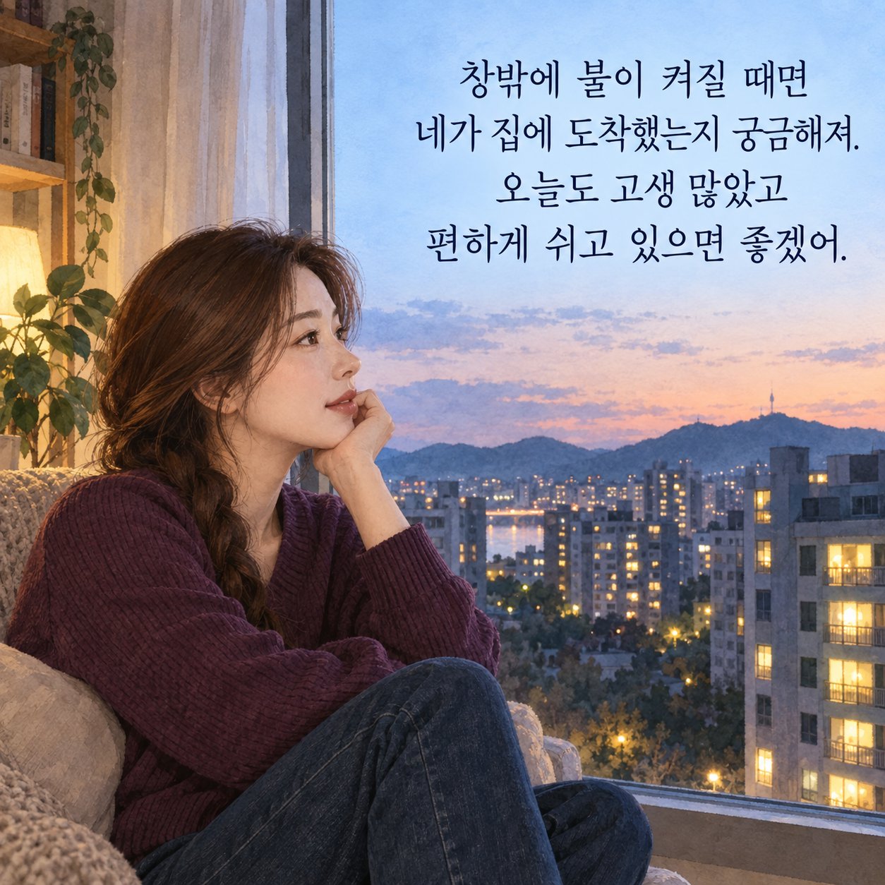 연인에게 보내는 다정한 저녁 인사 이미지 16 — 창밖에 불이 켜질 때면 네가 집에 도착했는지 궁금해져. 오늘도 고생 많았고 편하게 쉬고 있으면 좋겠어.