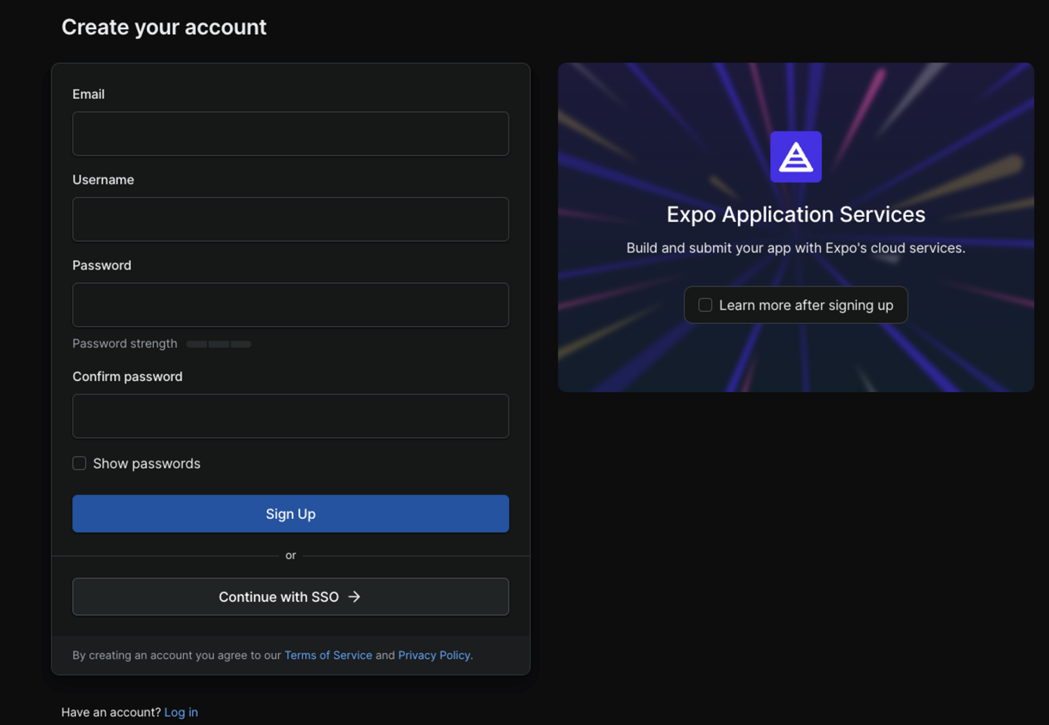 Expo 회원가입 페이지 화면