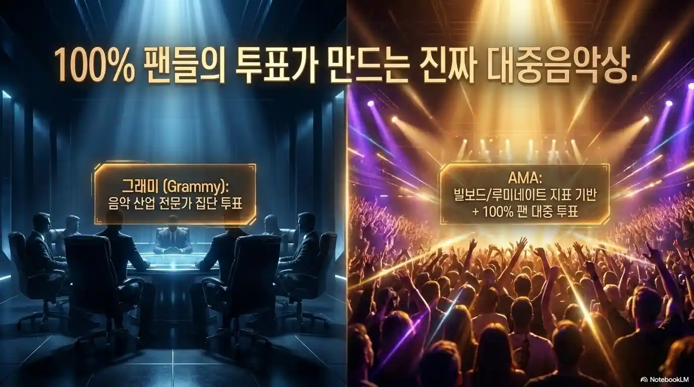 AMA vs 그래미 수상 방식 비교 - 팬 100% 대중 투표 결정 vs 음악 산업 전문가 집단 심사 차이