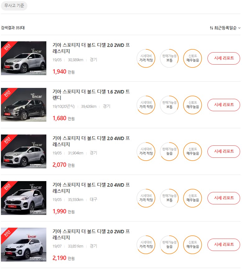 스포티지 중고차 가격, 시세표