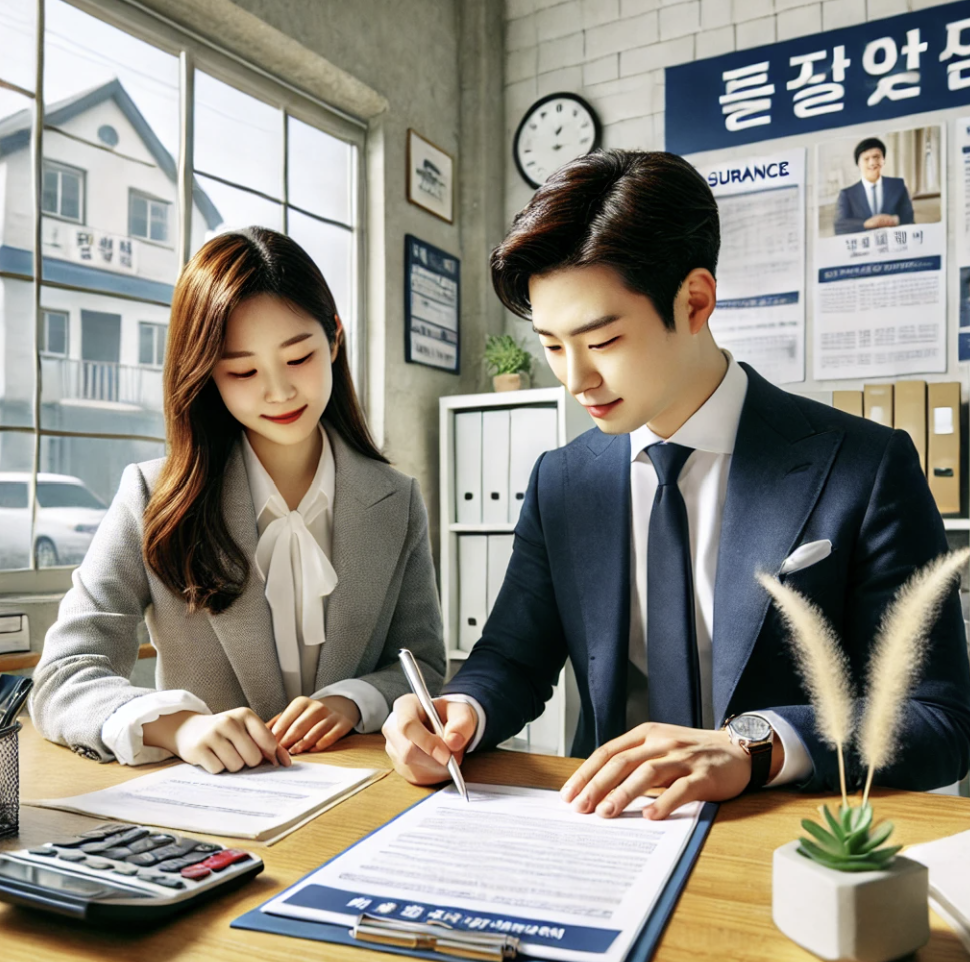 보험 가입 신청서를 작성하는 보험 사무실.