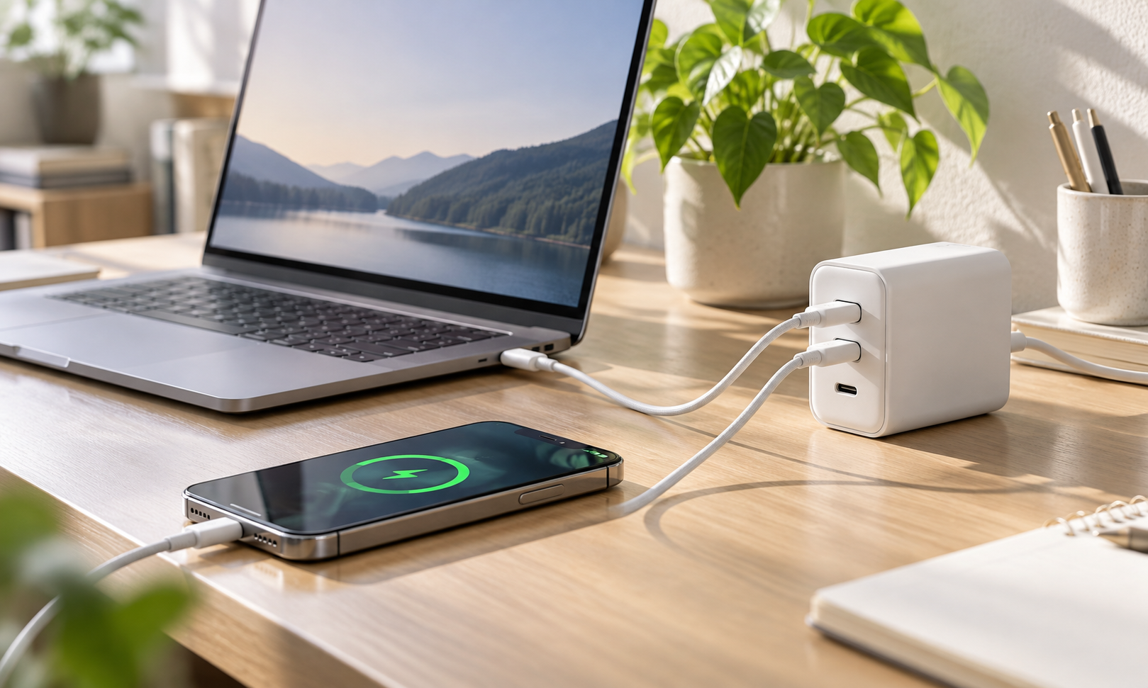 USB-C 케이블로 스마트폰을 충전하는 밝은 책상 장면