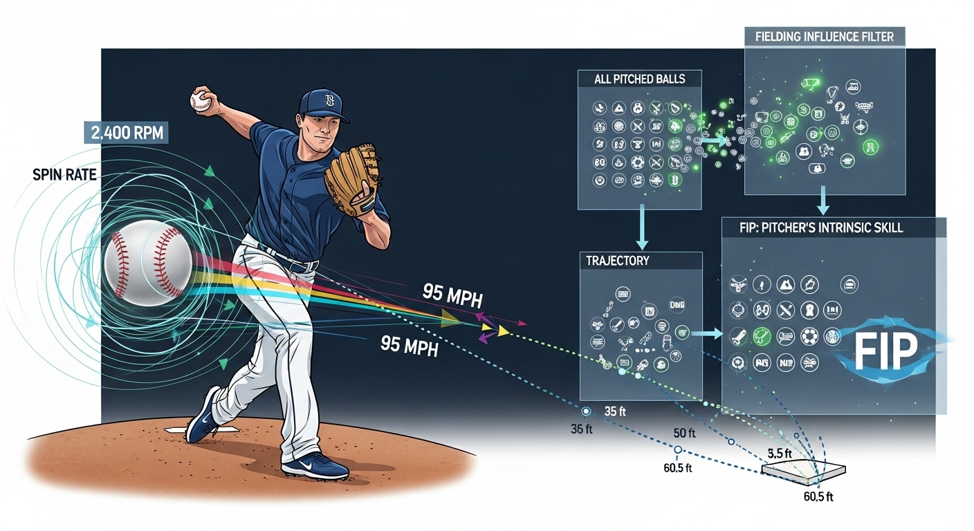 투수가 공을 던지는 순간, 공에서 속도와 회전량을 나타내는 데이터가 나오는 모습. FIP 지표로 투수의 순수한 능력을 평가하는 과정을 보여줍니다.