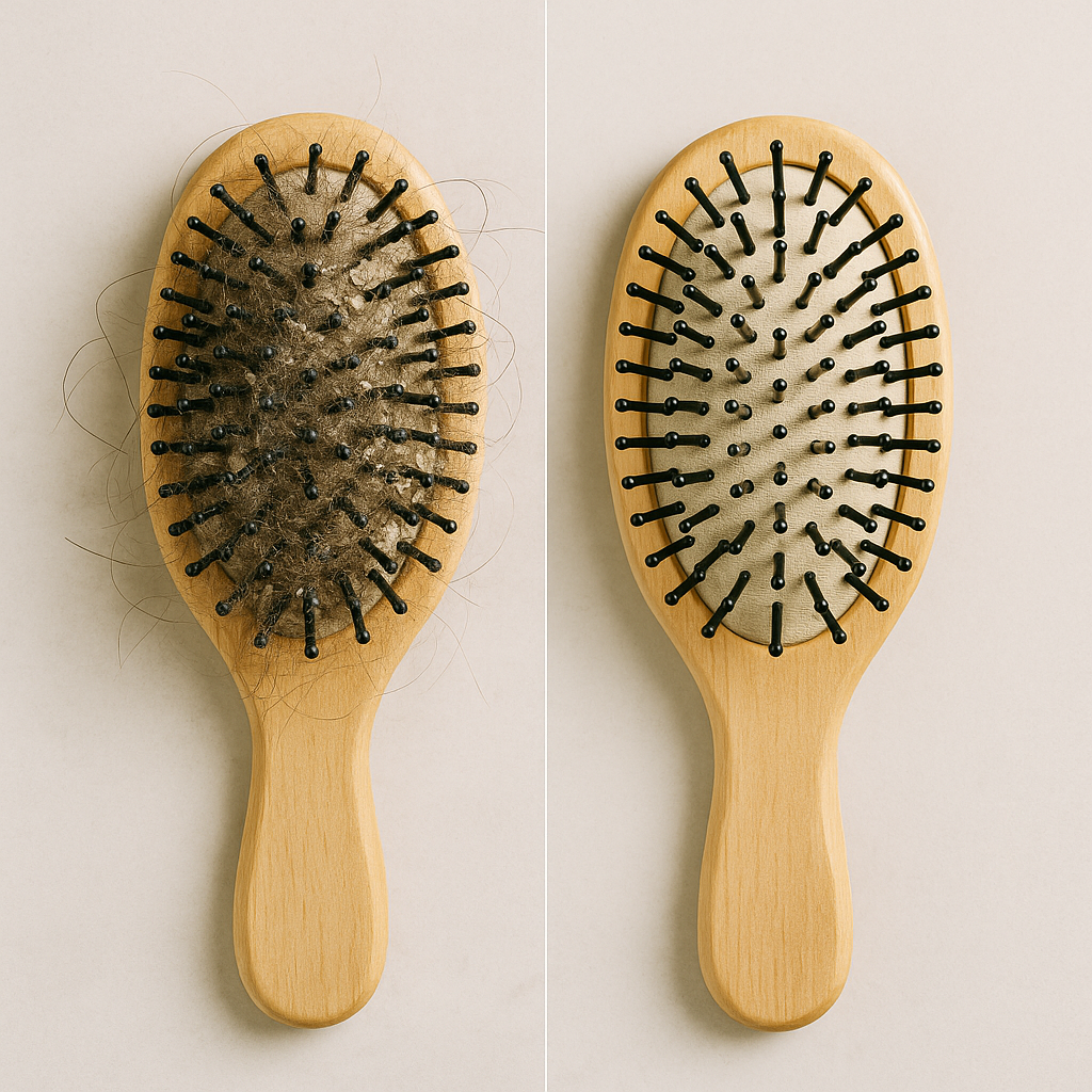왼쪽은 머리카락과 각질 찌꺼기가 가득 낀 더러운 헤어브러쉬, 오른쪽은 깨끗하게 세척되어 빗살 사이가 깔끔히 정리된 헤어브러쉬 비교 이미지