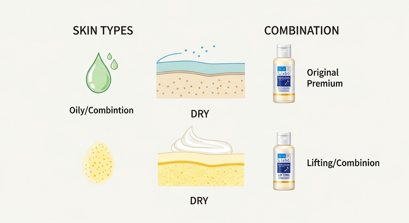 지성, 건성, 복합성 피부 타입별로 하다라보 고쿠쥰 오리지널, 프리미엄, 리프팅 로션이 연결되어 있는 일러스트. 피부 타입에 맞는 로션 선택 가이드를 시각화.