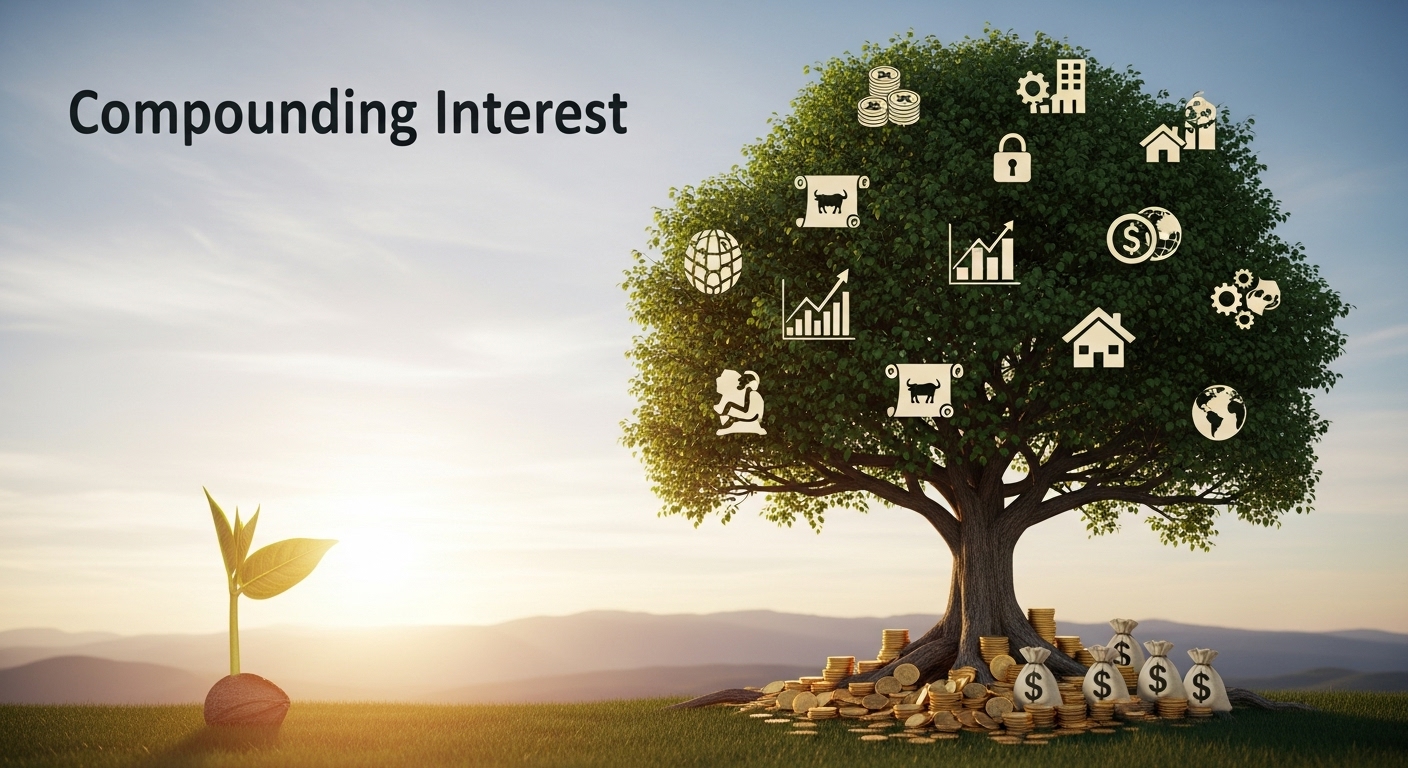 작은 씨앗이 시간이 지나면서 큰 나무로 자라나는 모습으로 복리 효과를 시각화하고, 다양한 자산 배분을 상징합니다.