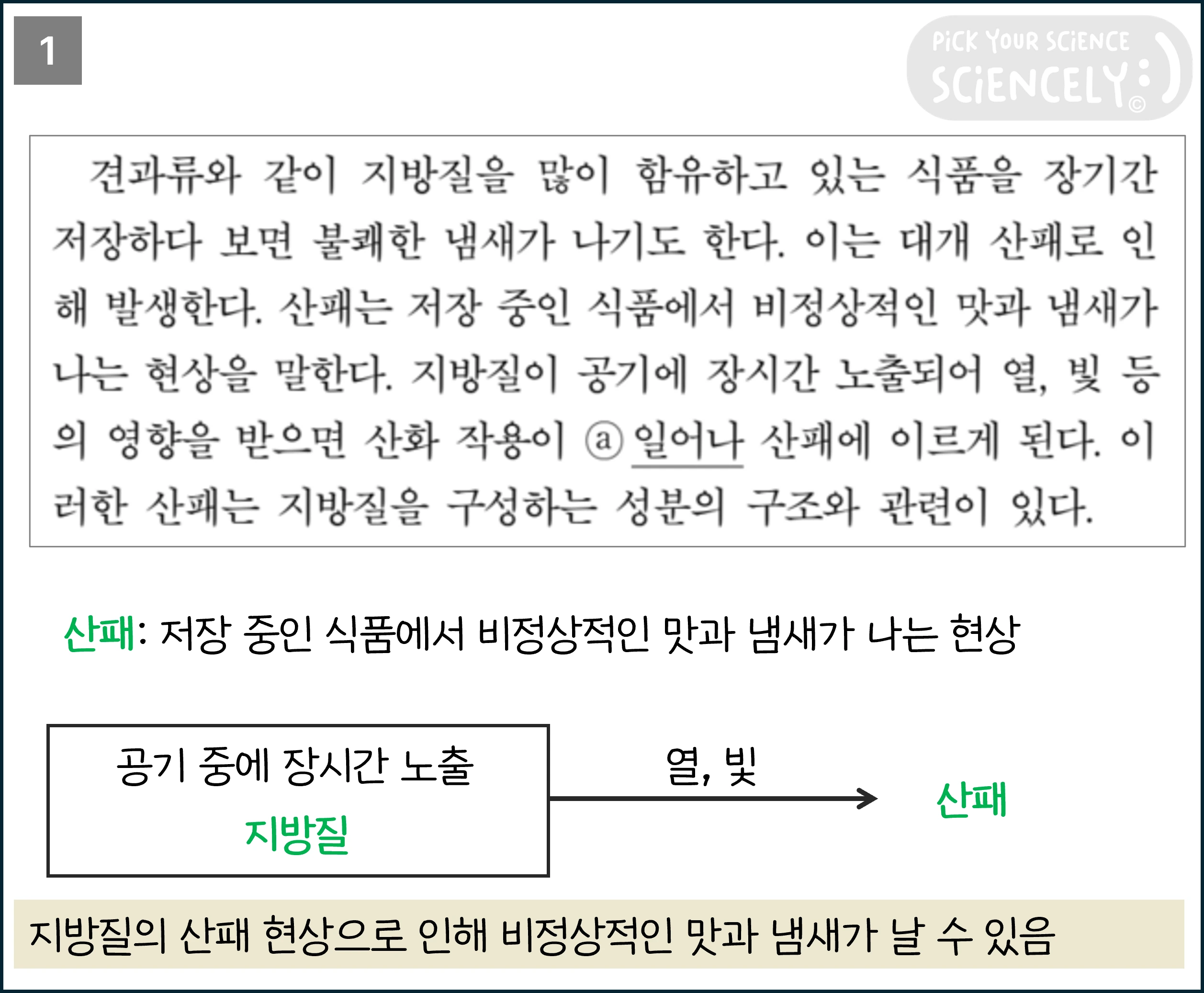 국어 독서 과학기술, 국어 비문학 과학기술, 16학년도 고3 9평 A형 Q19-21, 지방질의 산패, 견과류와 같이 지방질을 많이 함유하고 있는 식품을 장기간 저장하다 보면 불쾌한 냄새가 나기도 한다.