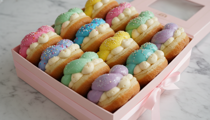 다양한 크림이 가득 찬 노티드 스타일의 도넛이 상자에 담겨 있는 근접 촬영 사진