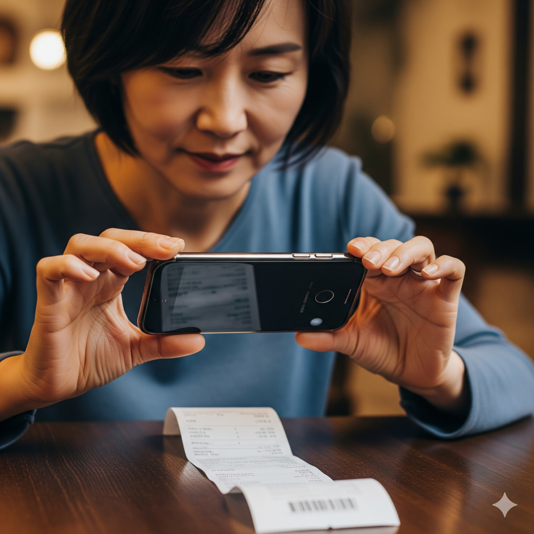 장 본 영수증을 스마트폰으로 찍어서 용돈벌이 하는 중년여성