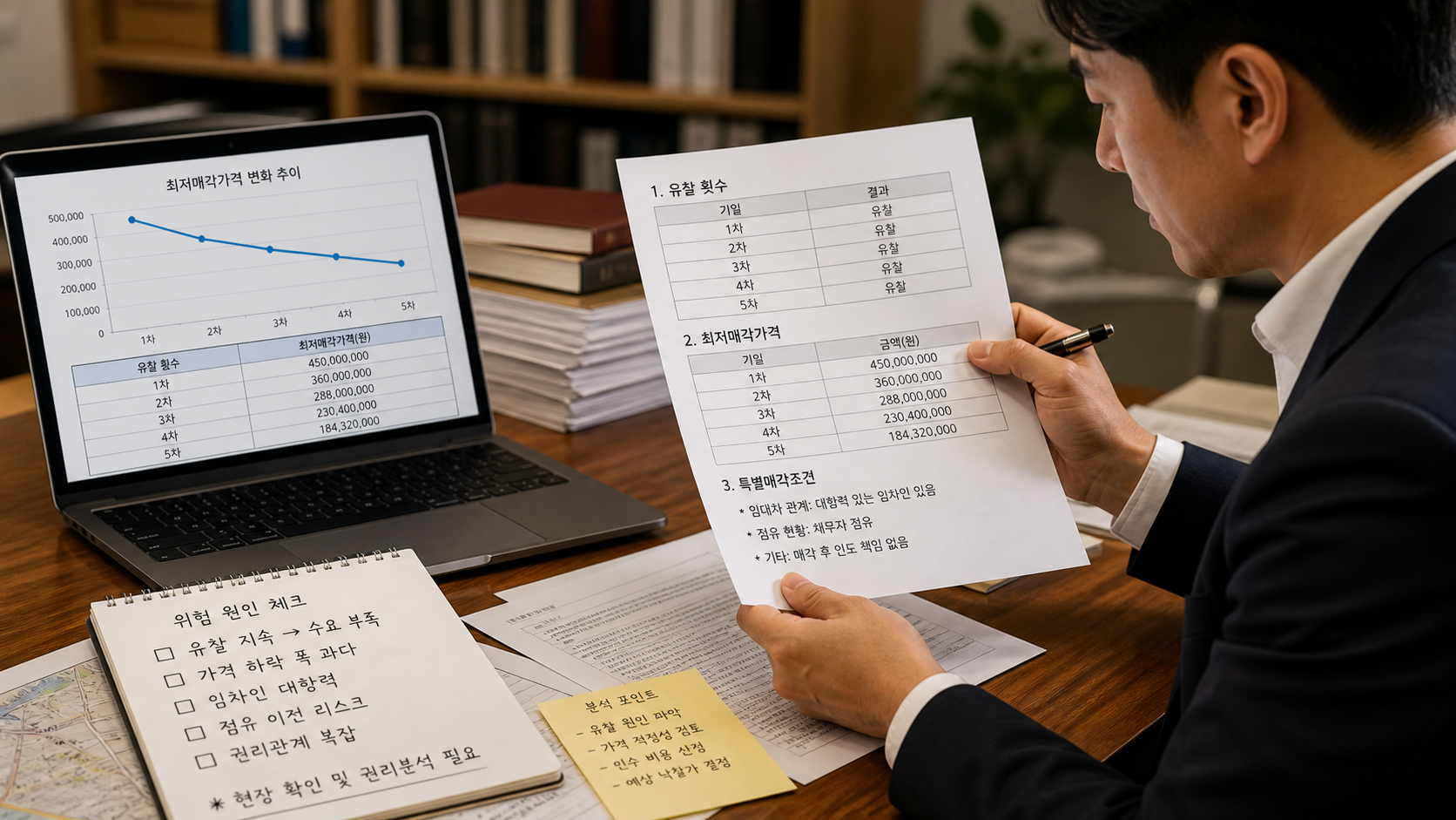 유찰 횟수와 최저매각가격를 법원 서류에서 확인하는 모습