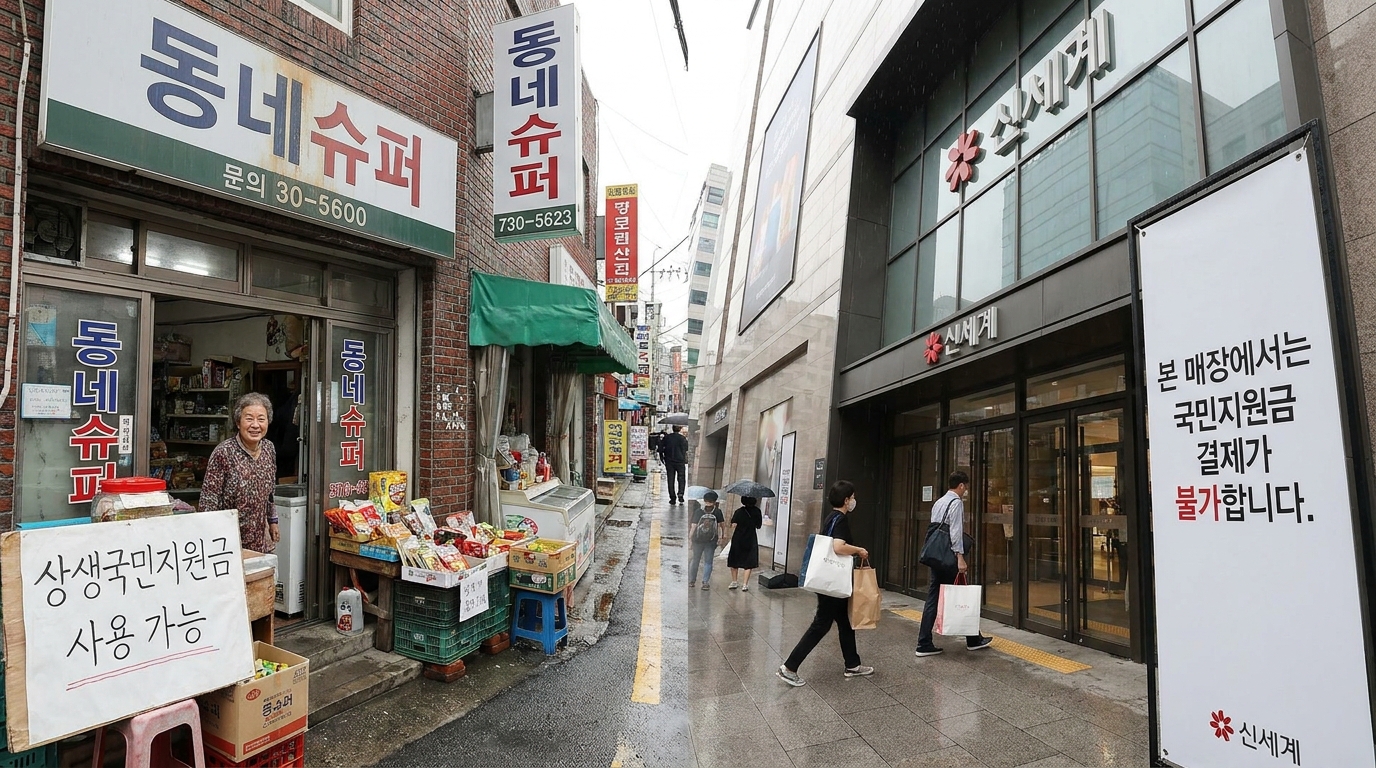 민생지원금 사용이 제한되는 대형마트와 백화점 업종 설명 그래픽