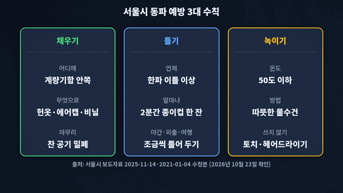 서울시가 안내하는 동파 예방 3대 수칙은 계량기함을 보온재로 채우고, 한파에는 수도꼭지를 흘리고, 언 계량기는 50℃ 이하로 녹이는 세 단계