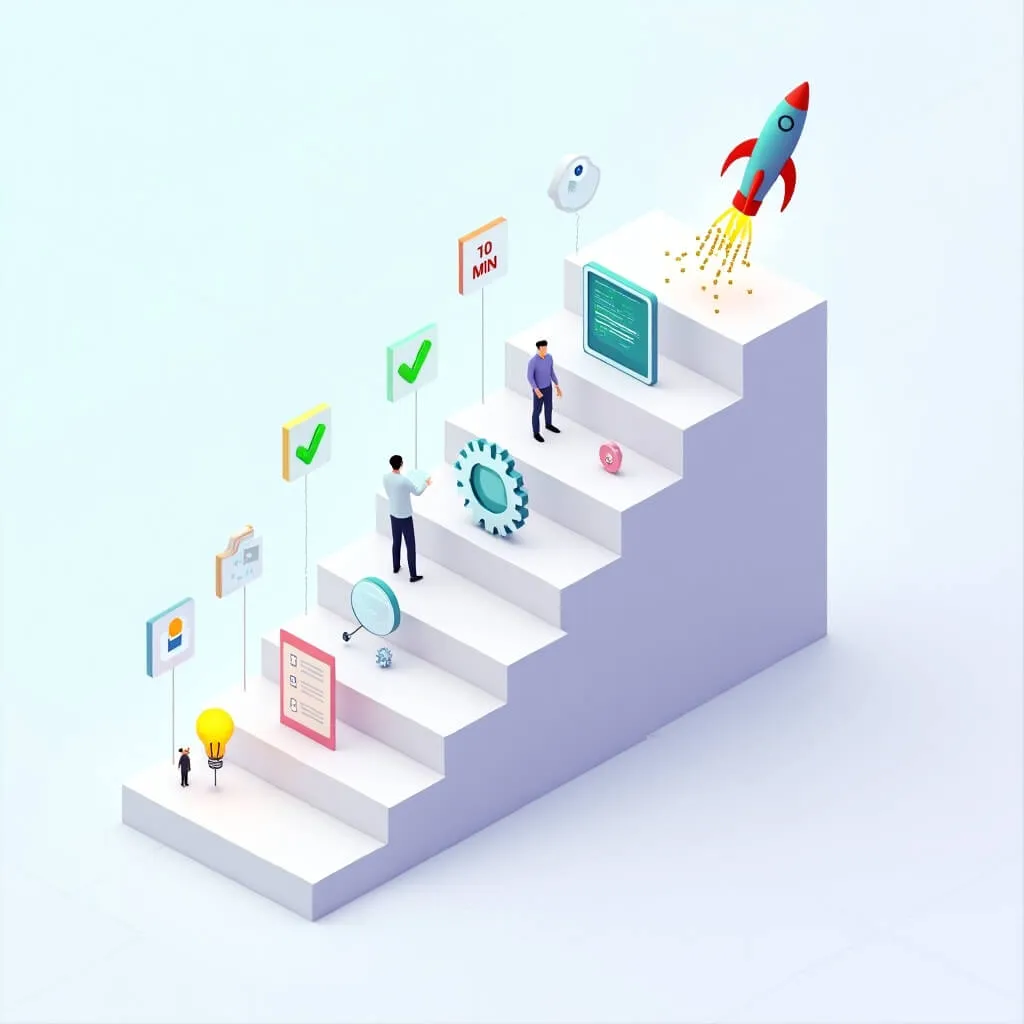 바이브코딩-대화로 앱 만들기: 바이브 코딩의 5단계 워크플로우를 표현한 아이소메트릭 일러스트. 아이디어 정의부터 요구사항 작성, AI 생성, 검증, 배포까지 10분 만에 완성하는 과정을 계단식 구조로 시각화. 최상단 로켓 아이콘이 완성과 배포를 상징 (vibe coding workflow, 10 minute app development, 5-step process, AI coding tutorial)