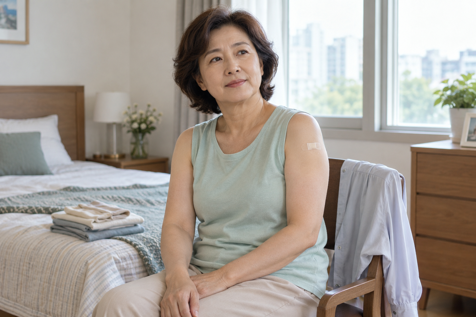 독감 주사를 맞은 팔이 뻐근해 옷을 갈아입기 전 쉬는 중년 여성