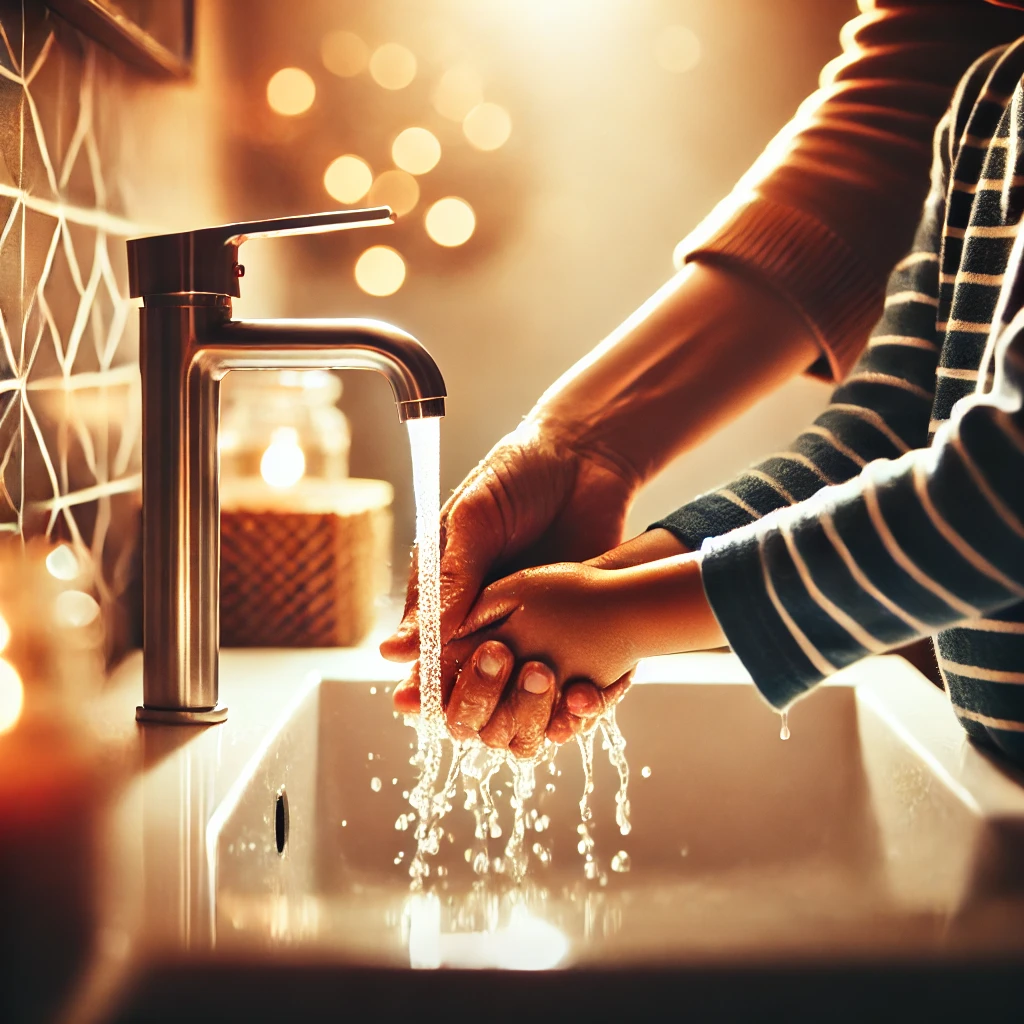 엄마와 아이가 같이 손 씻는 장면