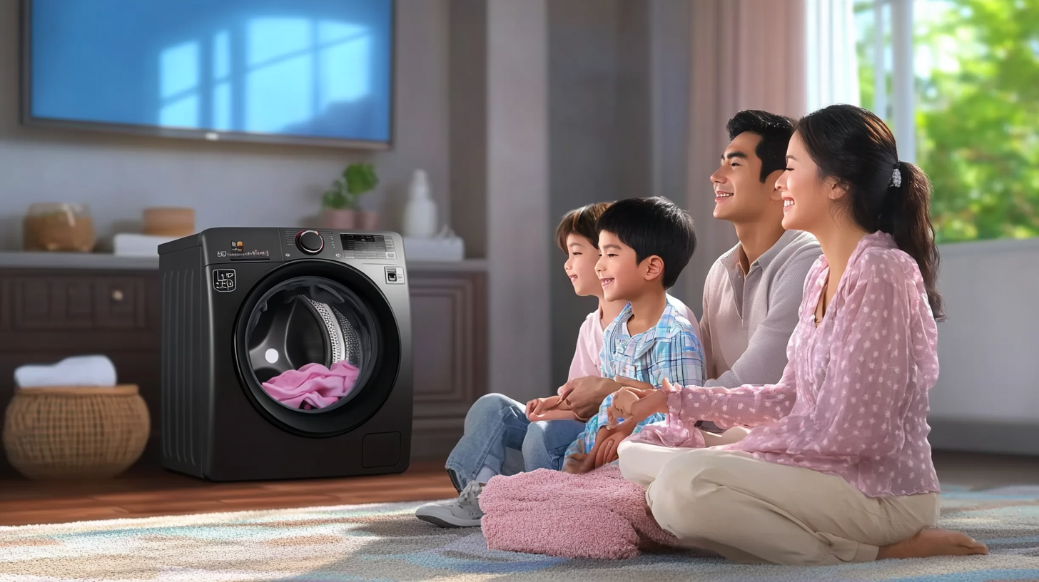 조용히 작동하는 LG 세탁기 배경에서 가족이 평화로운 시간을 보내는 생활 이미지