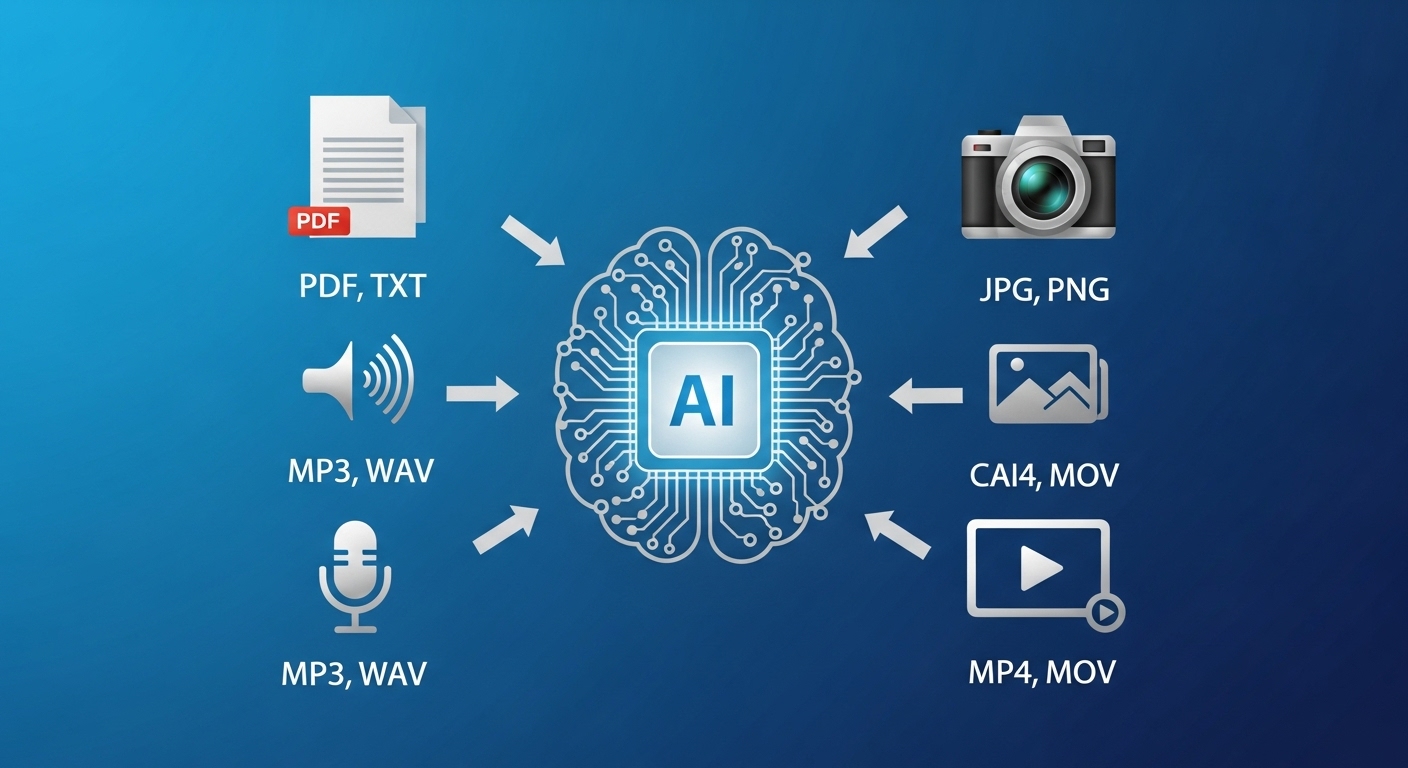 문서, 사진, 음성, 영상 등 다양한 형식의 데이터가 AI로 입력되는 모습을 시각화하여 멀티모달 AI의 이해를 돕는 이미지.
