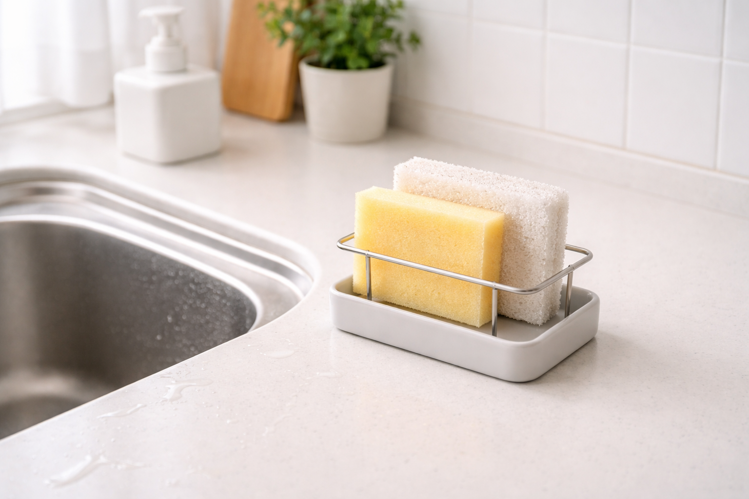 주방 수세미 냄새가 빨리 날 때 확인할 부분을 설명하는 싱크대 수세미 이미지