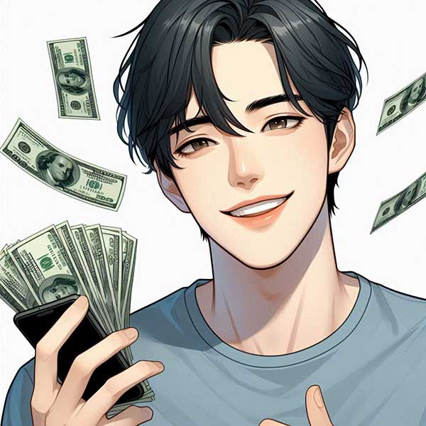 돈을 들고 웃고 있는 사람