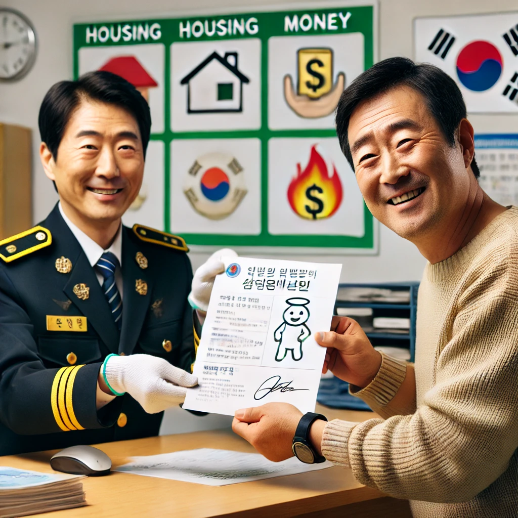 산불 피해자가 정부로부터 지원 서류를 받는 장면