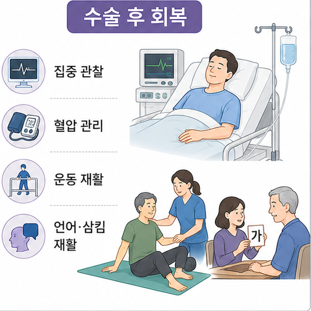 뇌출혈 수술 후 집중 관찰과 혈압 관리, 운동 재활, 언어와 삼킴 재활 과정을 설명한 이미지