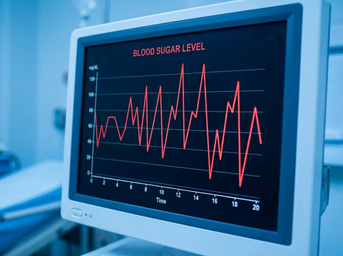 혈당 수치가 급격히 오르내리는 그래프와 설탕이 든 디저트가 대비되는 시각적 이미지