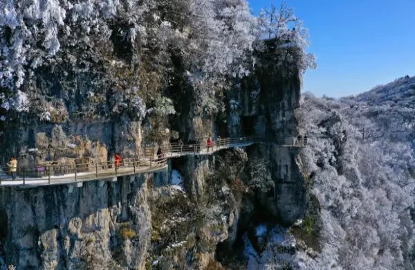 천문산의-눈-덮인-기암괴석과-울창한-산림이-어우러진-겨울-풍경