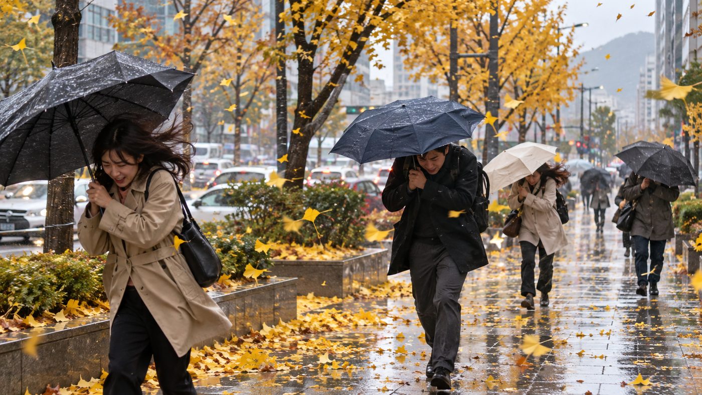 바람 부는 가을 거리에서 우산을 든 시민들이 걷는 모습