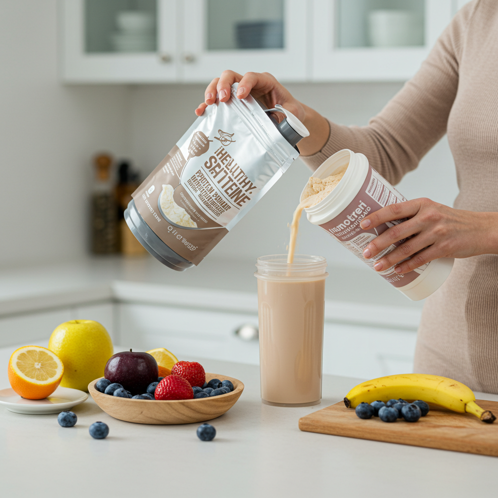 건강한 식단 관리를 위해 주방에서 식사 대용 단백질 쉐이크를 정성스럽게 준비하는 모습