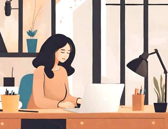 책상 앞에 앉아 하얀색 노트북으로 일하고 있는 여성으로 긴 검정머리를 하고 있다.