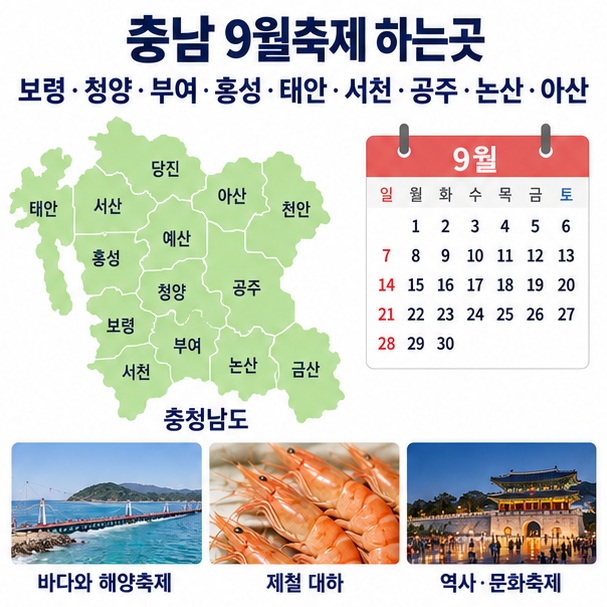 충남 9월축제 하는곳과 보령 청양 부여 홍성 아산 태안 등 2026년 충남 축제 일정을 보여주는 교육용 이미지