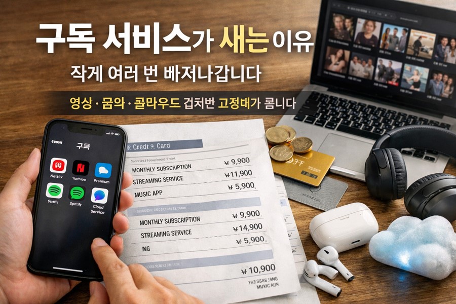 스마트폰 구독 앱과 카드 명세서, 영상과 음악, 클라우드 서비스가 겹치며 구독 비용이 계속 빠져나가는 구조를 설명하는 이미지