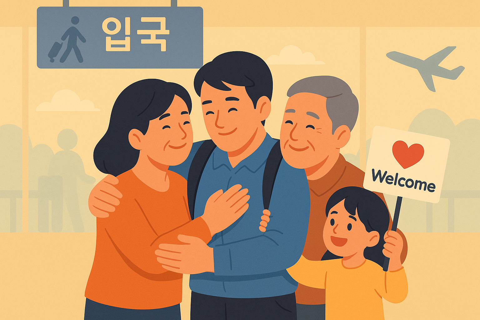 전세기로 귀국한 한국인이 인천공항 도착 직후 가족과 서로를 끌어안고 재회하는 순간을 따뜻하게 표현한 일러스트