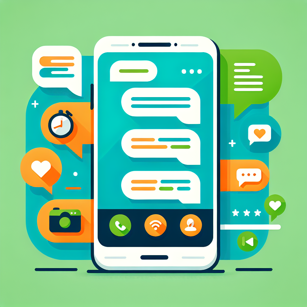 A flat vector illustration of a smartphone screen showing a chat app interface (like LINE) with 'Read' receipts and speech bubbles. Around the phone, icons representing a selfie camera, a low battery symbol, and a reply arrow. The style is modern and clean, using a green and orange color palette.