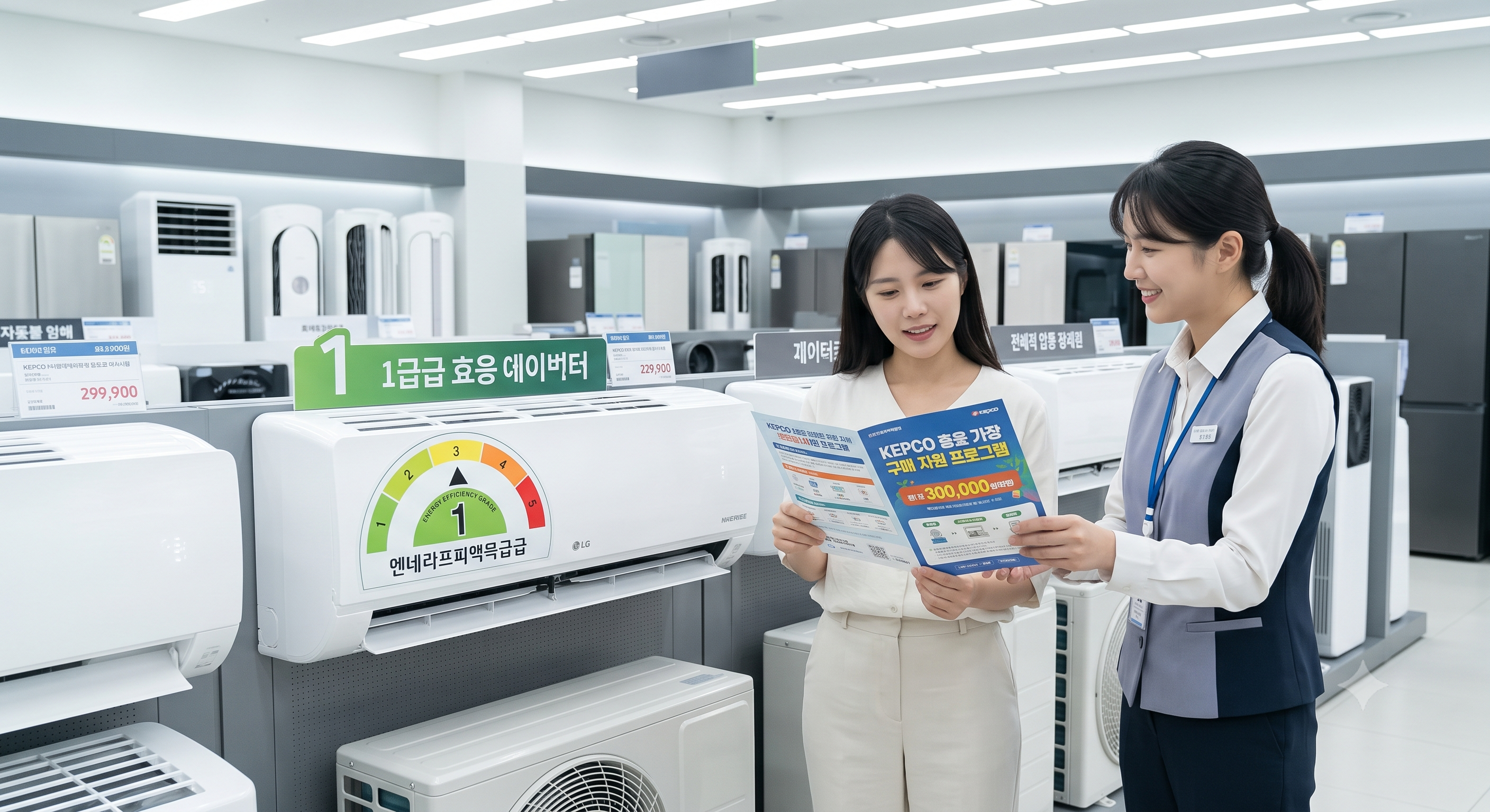 가전제품 매장에서 1등급 고효율 에어컨을 구경하며 직원에게 한전 구매 지원사업 혜택에 대한 안내 팸플릿을 받고 있는 모습