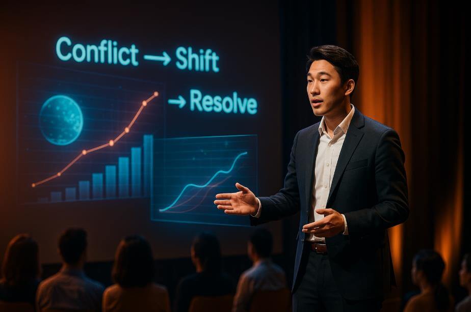 프레젠테이션에서 3막 구조로 설명하는 발표 장면.