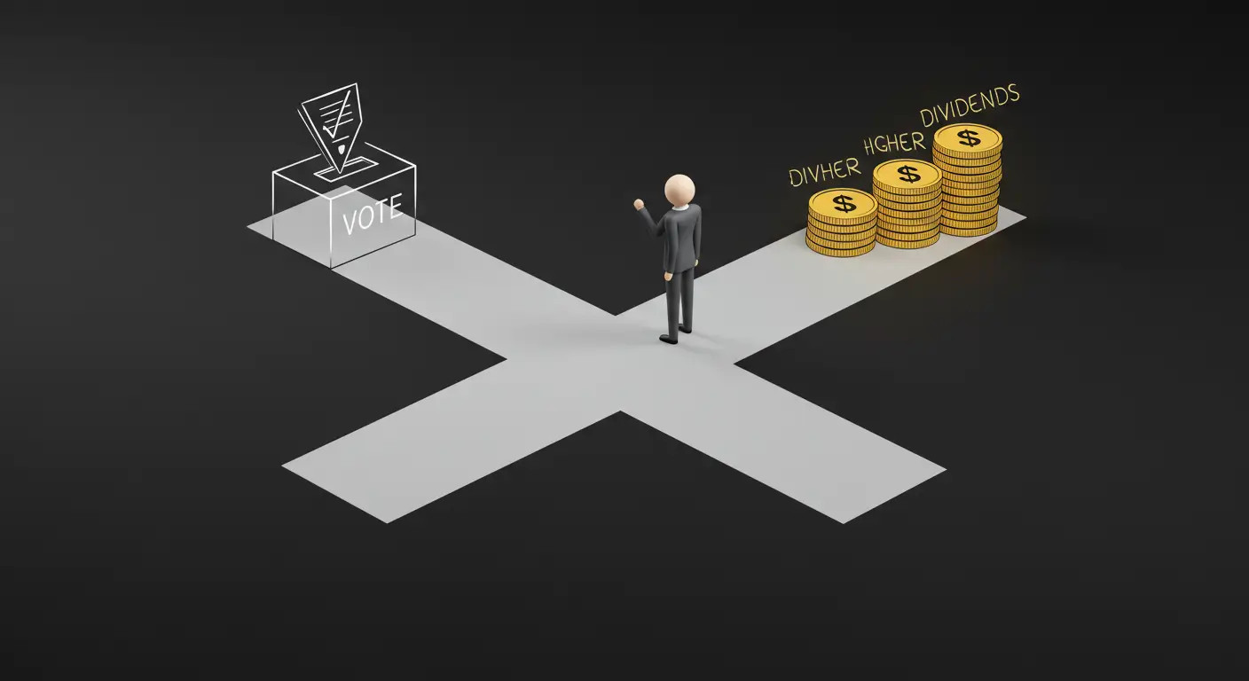 의결권의 보통주와 높은 배당금의 우선주 사이에서 투자 목적에 맞는 선택을 고민하는 모습