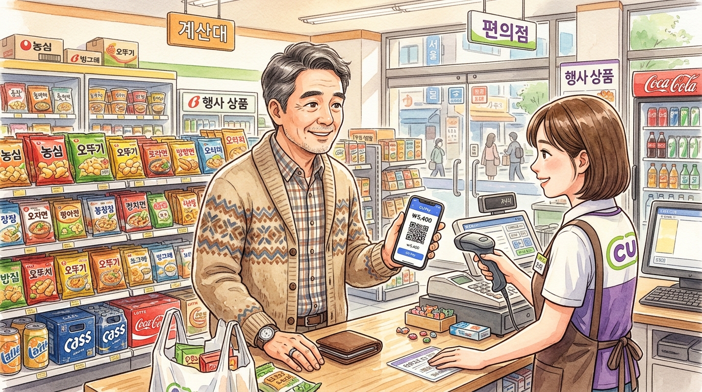 편의점 1+1 행사 상픔 앱 보관 기능 활용위해 계산대 앞에서 스마트폰 앱 바코드를 점원에게 보여주고 있는 모습