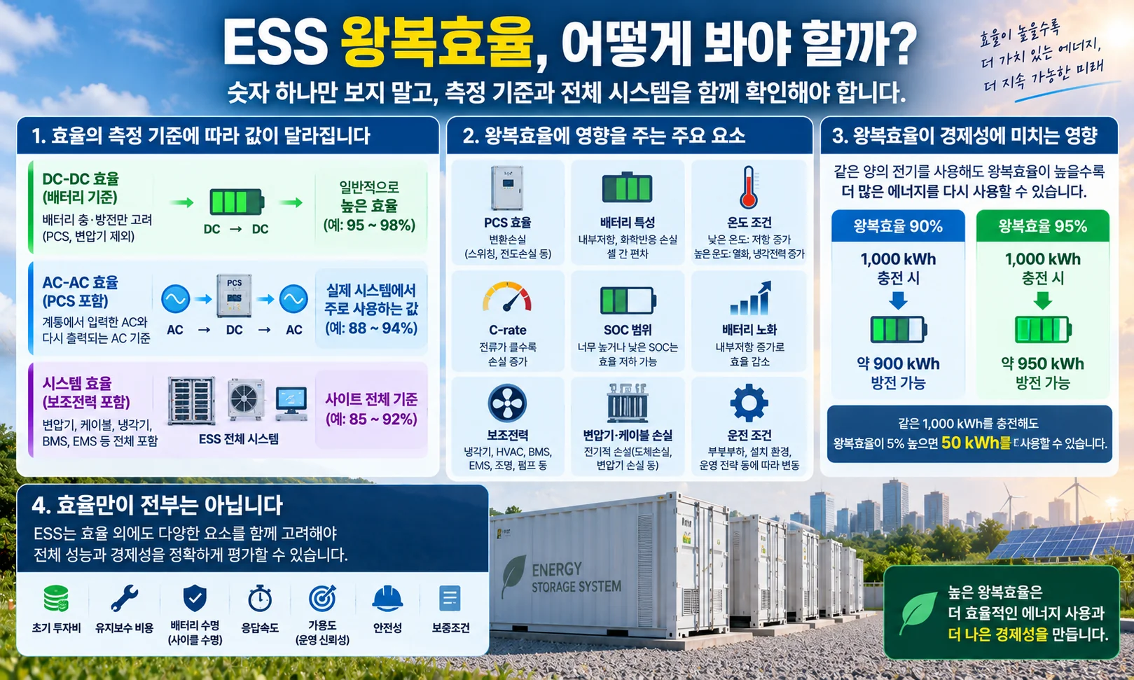 ESS의 DC DC 효율 AC AC 효율 시스템 효율과 PCS 배터리 온도 C-rate SOC 보조전력 등 주요 영향 요소 비교
