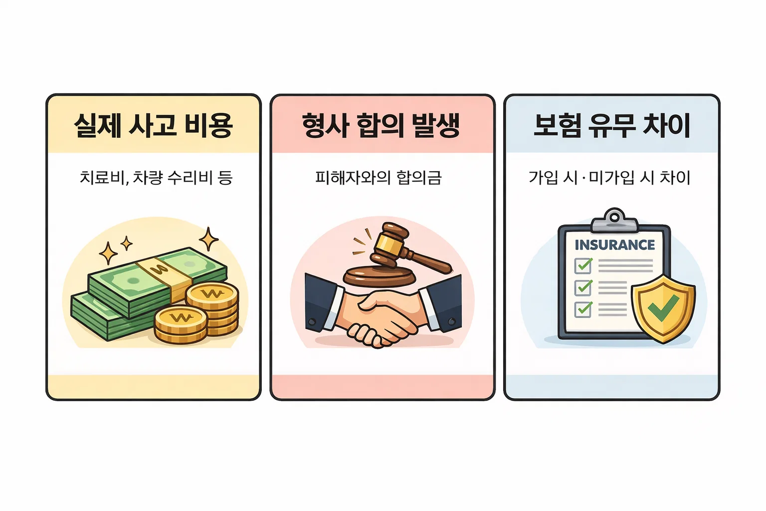 실제 교통사고 사례를 기준으로 운전자보험 가입 여부에 따라 발생하는 치료비 합의금 형사 비용 부담 차이를 설명한 이미지