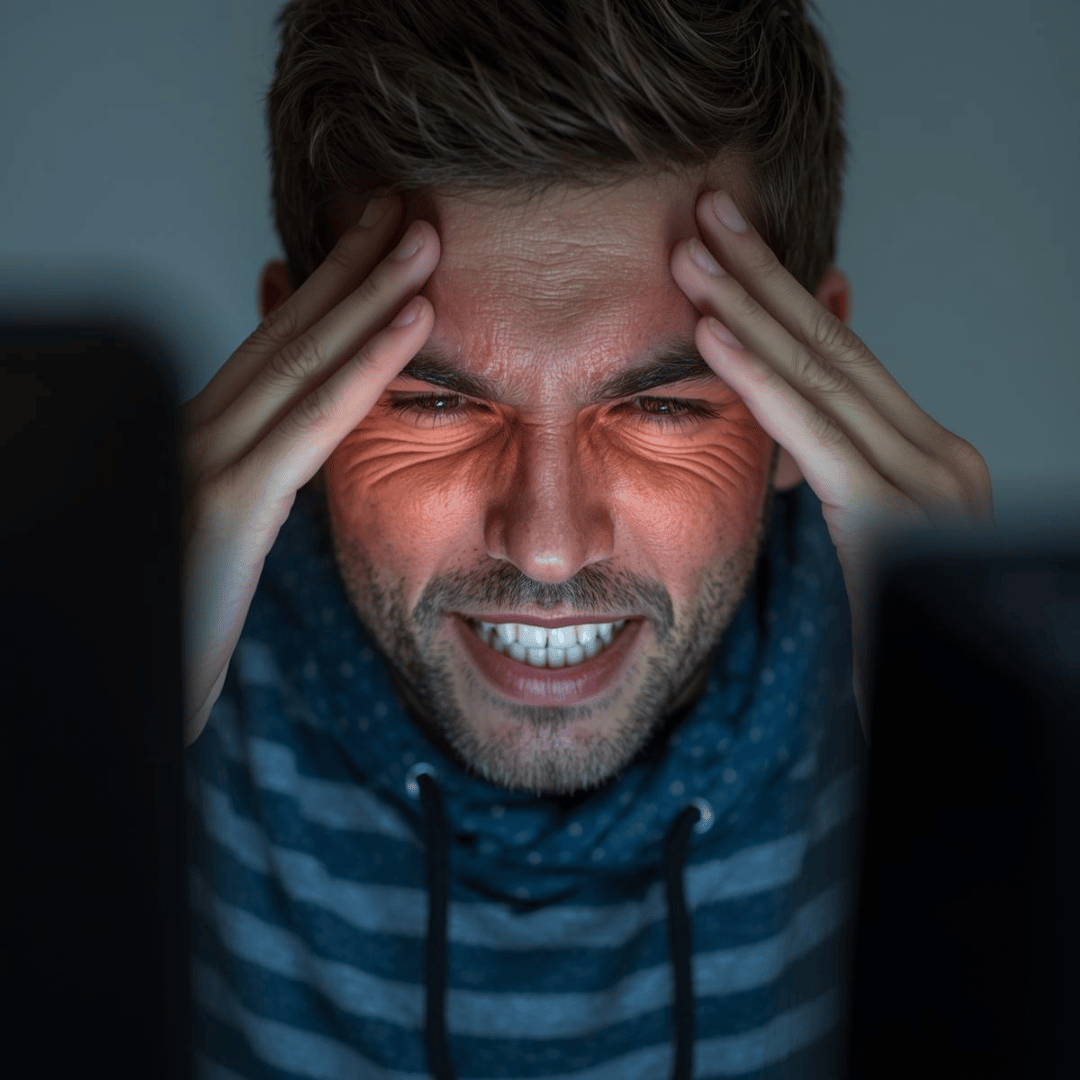 스마트폰과 컴퓨터 화면을 응시하며 눈을 찡그리는 사람의 모습과 눈 주변의 피로를 시각적으로 표현한 이미지