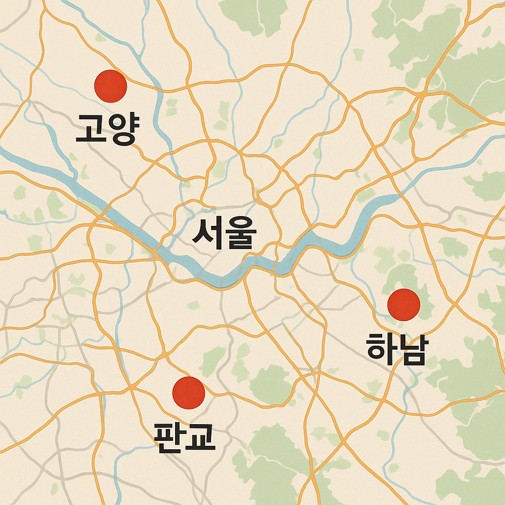지도에 표시된 판교, 하남, 고양 사진