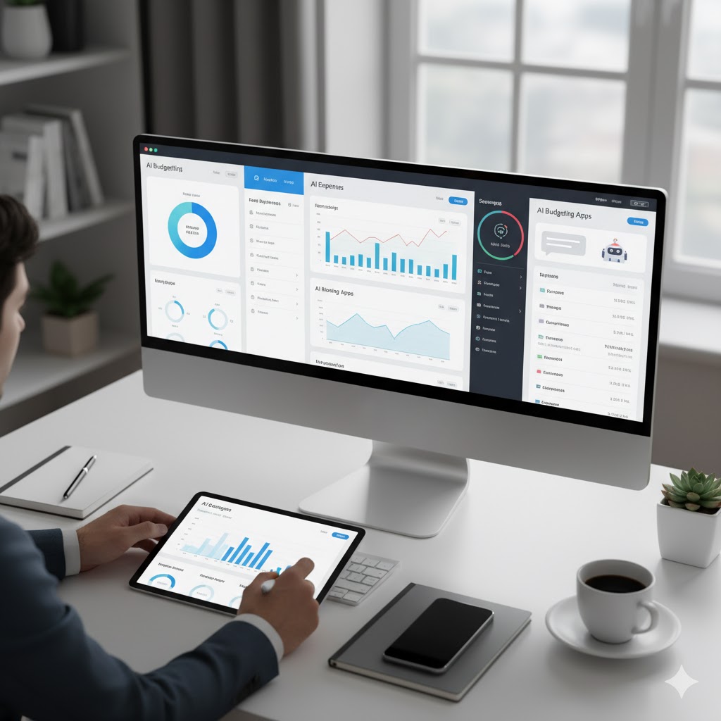 깔끔한 작업 공간에서 한 남성이 컴퓨터 모니터와 태블릿에 표시된 여러 AI 예산 및 재무 관리 앱 대시보드를 살펴보고 있다. 모니터에는 다양한 그래프와 차트가 포함된 여러 앱의 재무 데이터 분석 화면이 열려 있다. 태블릿에도 유사한 재무 분석 그래프가 표시되어 남성은 손가락으로 화면을 터치하며 조작하고 있다. 그의 옆에는 노트북, 펜, 커피 한 잔, 작은 식물이 놓여 있다.