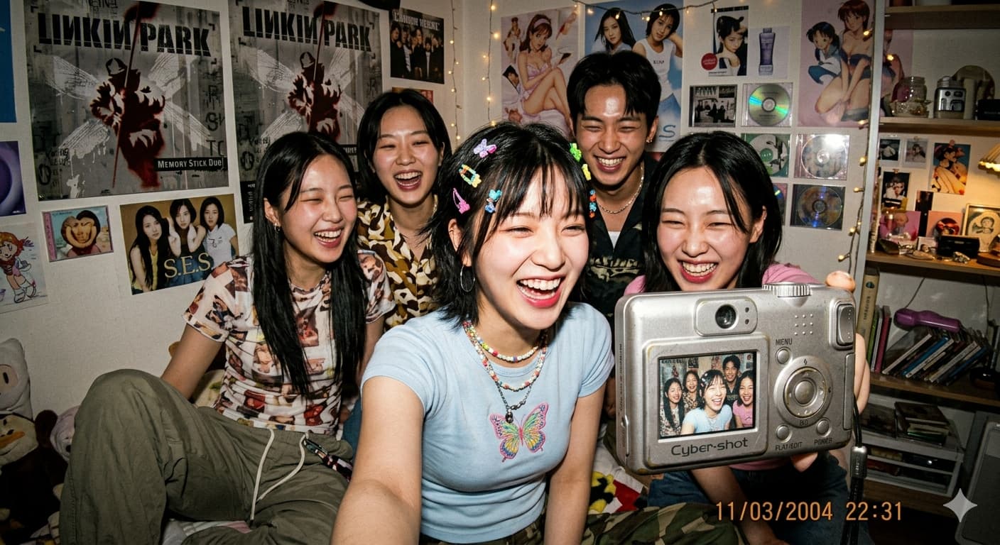 빈티지 디카의 강제 플래시 기능을 사용하여 촬영한 실내 파티 장면. 강한 직광 조명으로 인해 대비가 강조된 Y2K 감성의 힙한 친구들 인물 사진.